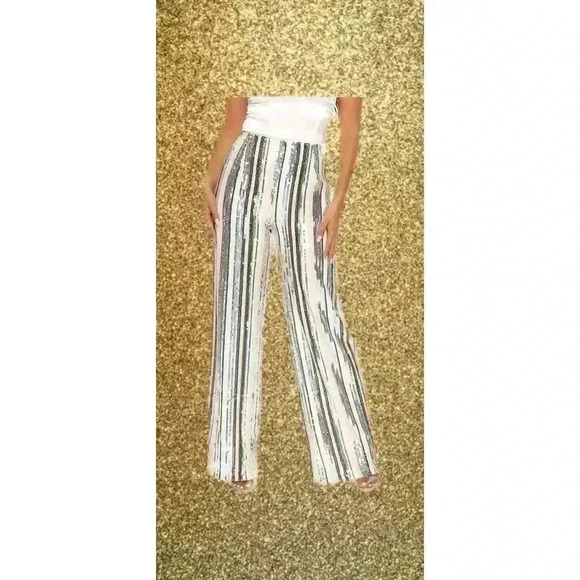 Fashion Nova Pants - Fashion Nova Hot Stuff Sequin Wide Leg Pants - Silver Size Large (0156)